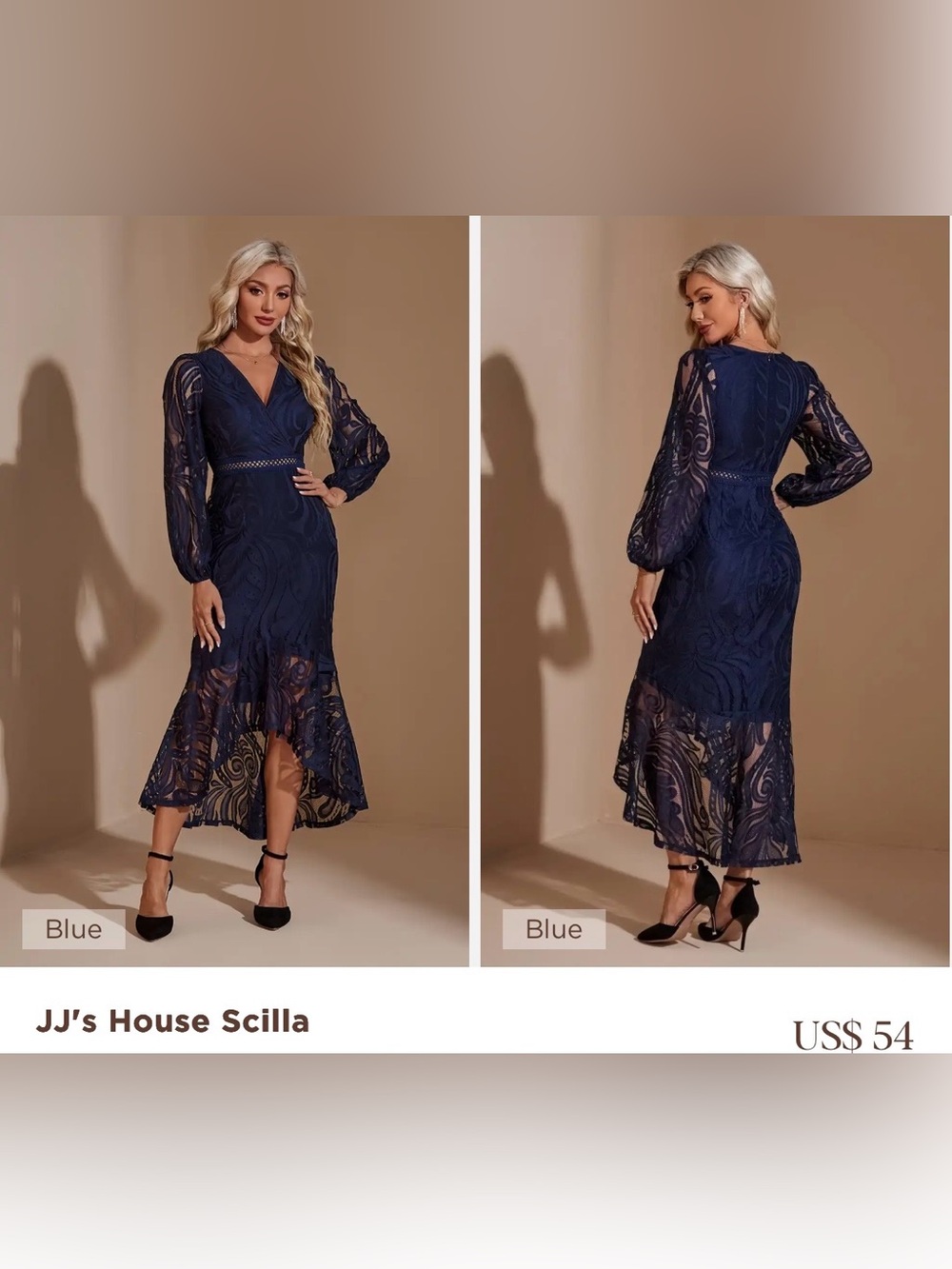 JJs House Scilla Blue Lace High‑Low V‑Neck Dress